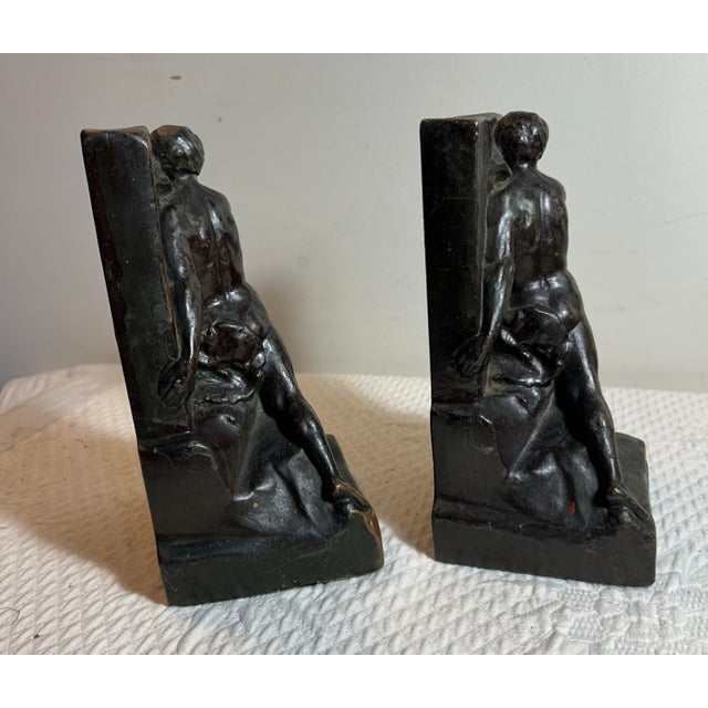 Metal Antique Pompeian Bronze Clad Bookends Figural Man ‘The Builder’ For Sale - Image 7 of 8