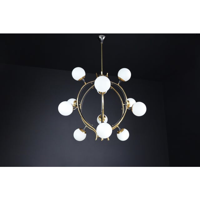 Mid-Century Chandelier in Brass and 12 Opaline Globes from Stilnovo, Italy 1950s For Sale - Image 6 of 17