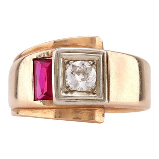 Retro Synthetic Ruby Diamond 14k Yellow Gold Band For Sale