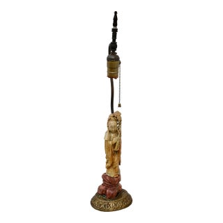 Antique Carved Soapstone Lamp of the Goddess Guanyin on Ornate Brass Base For Sale