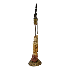 Antique Carved Soapstone Lamp of the Goddess Guanyin on Ornate Brass Base