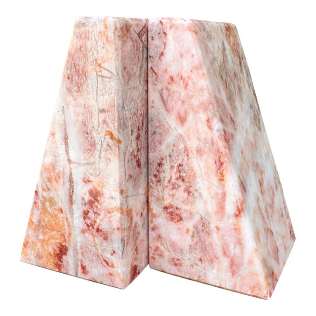 Vintage Rose Pink Marble Wedge Bookends, a Pair — Mid-Century Modern Decor For Sale