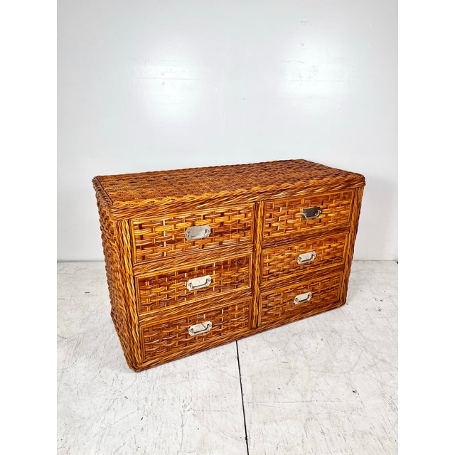 Brown Vintage Woven Rattan Wicker Campaign Dresser For Sale - Image 8 of 12