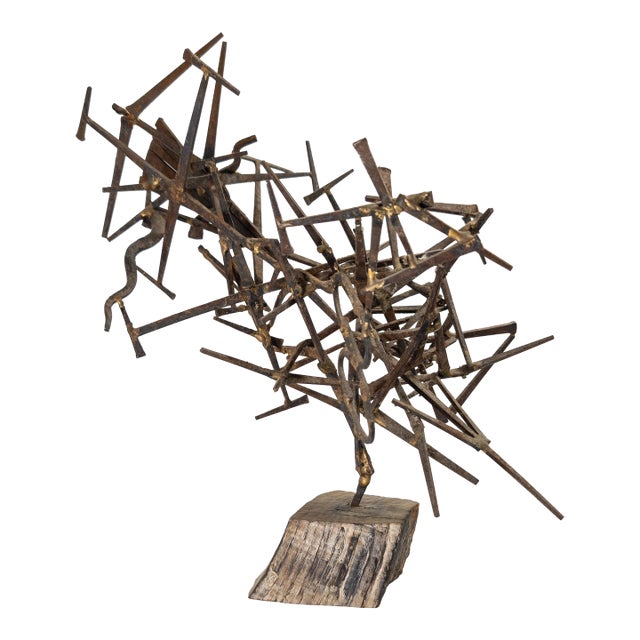 Mid-Century Modern Brutalist Abstract Nail Sculpture on Wood Base For Sale