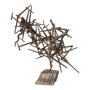 Mid-Century Modern Brutalist Abstract Nail Sculpture on Wood Base