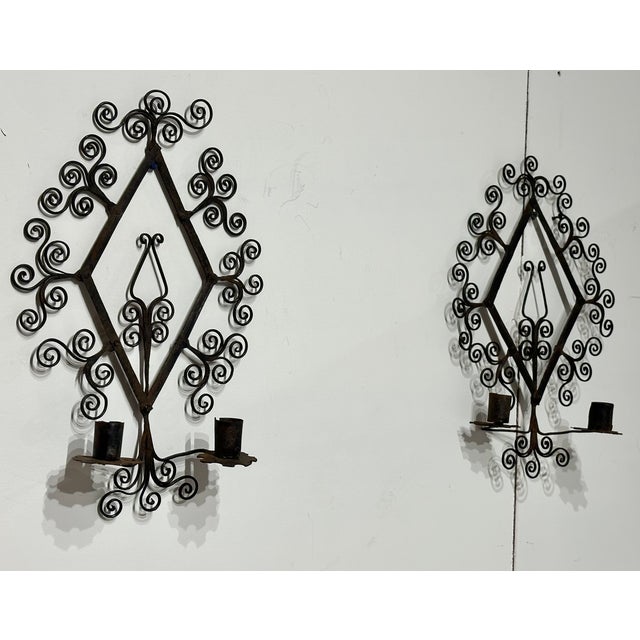 Spanish Revival Pair Vintage Wrought Iron Candle Sconces For Sale - Image 3 of 5