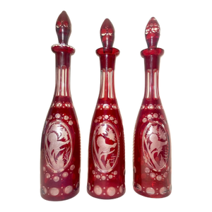 1920s Set 3 Antique Cut to Clear Czech Bohemian Crystal Glass Liquor Decanter Bottle