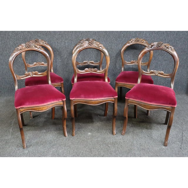 Red Set/6 Victorian Walnut Dining Chairs For Sale - Image 8 of 9