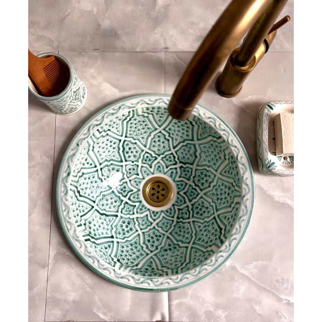 Not Yet Made - Made To Order Moroccan Drop-In Sink Basin Sink for Bathroom With Brass Drain, Matching Cup and Soap Holder - 3 Piece Set For Sale - Image 5 of 9