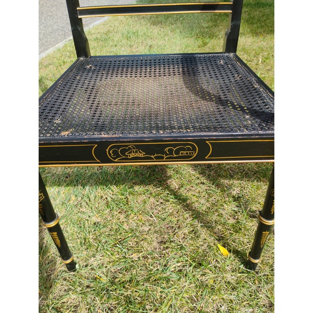 Chinoiserie Early 19th Century Pair of Regency Style Painted Black Chinoiserie Lacquer Chairs For Sale - Image 3 of 12