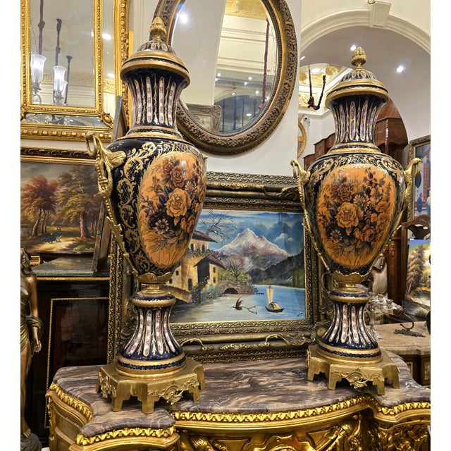 French French Style Blue Porcelain Vase With Floral Bouquet Artwork, Gold Leaf & Bronze Accents For Sale - Image 3 of 3