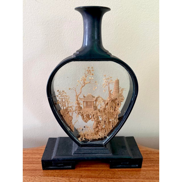 Black Large Mid-Century Vase Shaped Chinese Cork Carving Diorama For Sale - Image 8 of 10