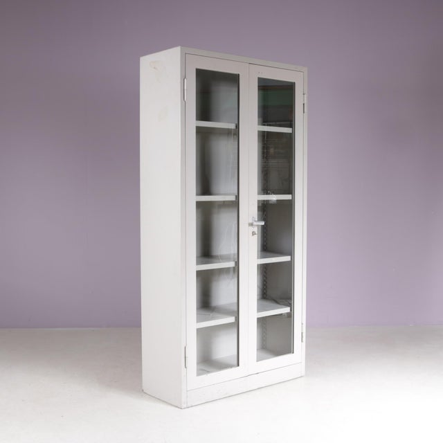 Vintage Industrial Bookcase in Gray Metal with Glass, 1960s For Sale - Image 4 of 6
