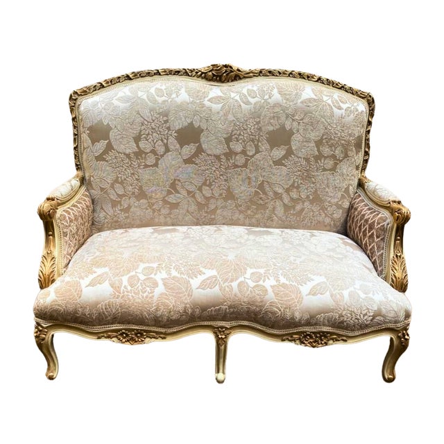 Baroque Style Beige Sofa With 2 Pillows and Gold Leaf Details For Sale - Image 4 of 8