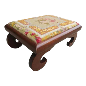 19th Century American Empire Magogany and Needlepoint Upholstered Foot Stool