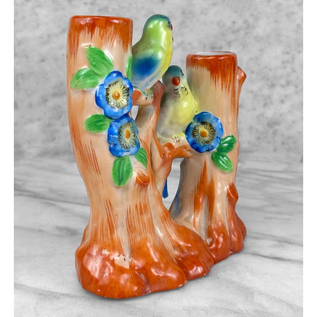 Vintage Art Deco Ceramic Parakeet Bird Double Stem Bud Vase For Sale - Image 6 of 9