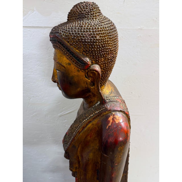 Brown Monumental Giltwood Standing Buddha with Lotus Base, Burma, Late 19th Century For Sale - Image 8 of 18