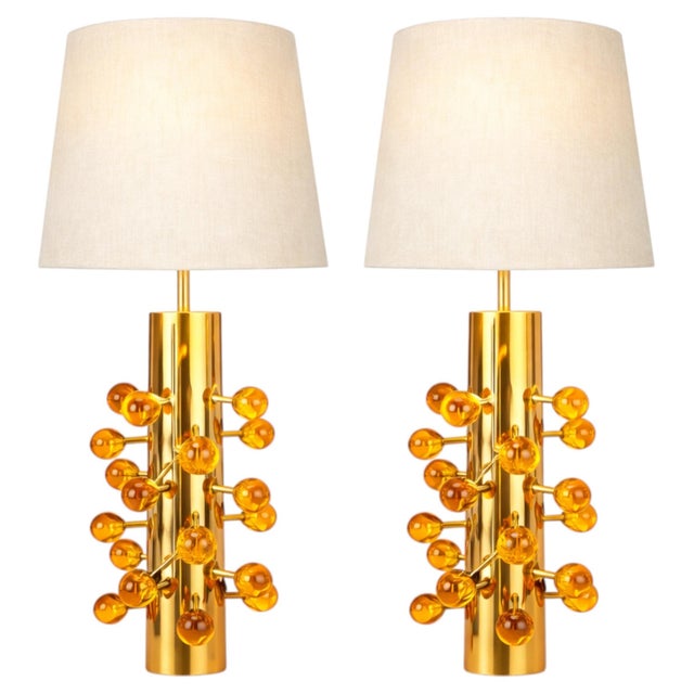 Table Lamps in Polished Brass and Amber Glass from Justfurnituress SRL, Set of 2 For Sale - Image 10 of 10