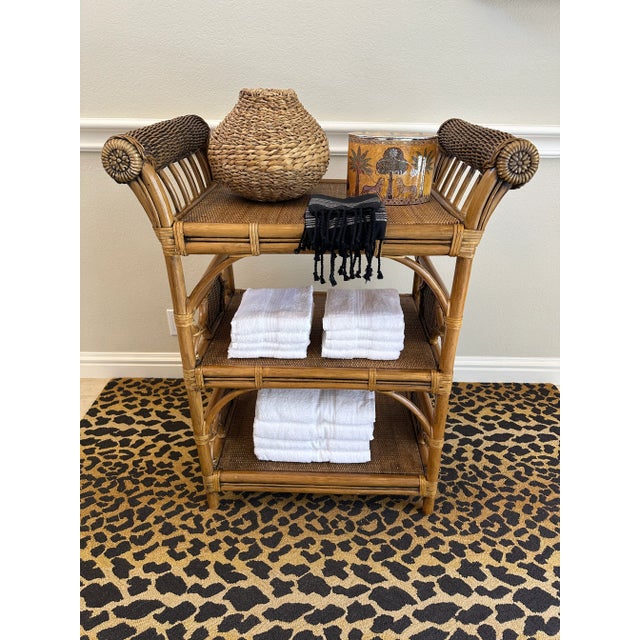 Vintage Rattan, Wicker & Cane Etagere Shelf With Leather Bindings For Sale - Image 16 of 17