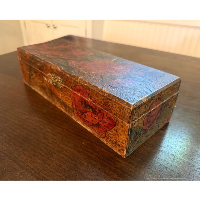 Antique 1920s Pyrography Box With Floral Motif With Brass Hinges and Clasp. Lovely woodworking details. Measures 12 1/2"...