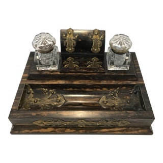 19th Century Victorian Calamander Wood Inkwell Set For Sale
