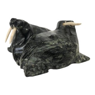 1980s Inuit Walrus Pair Hand Carved Folk Art Serpentine Signed William Luke For Sale