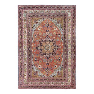 Antique Fine Tabriz Persian Rug With Circular, Script-Style Medallion & Orange Field For Sale