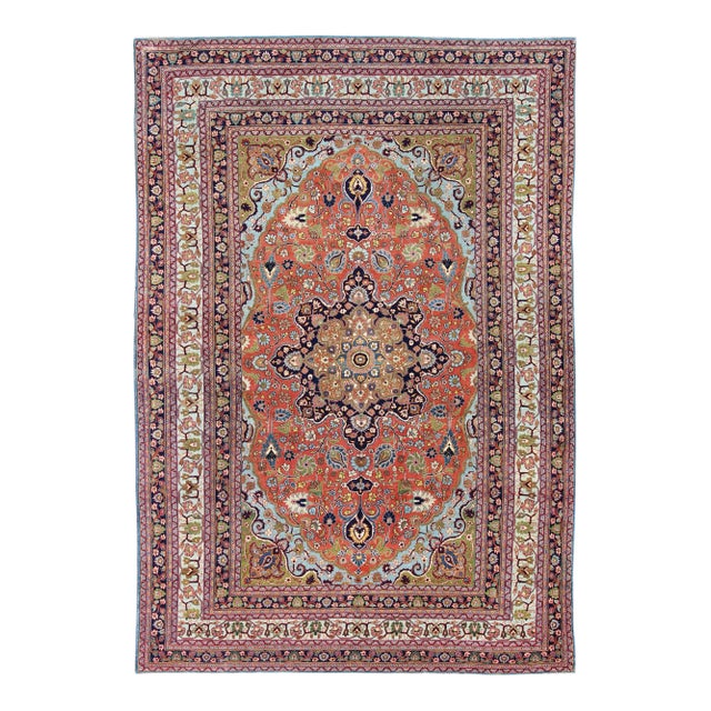 Antique Fine Tabriz Persian Rug With Circular, Script-Style Medallion & Orange Field For Sale
