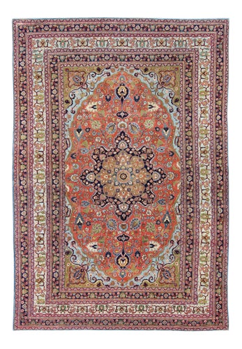 Antique Fine Tabriz Persian Rug With Circular, Script-Style Medallion & Orange Field