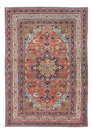 Antique Fine Tabriz Persian Rug With Circular, Script-Style Medallion & Orange Field