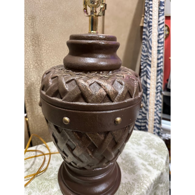 1970s 1970s Large Brown Ceramic Round Woven Style Table Lamp For Sale - Image 5 of 8