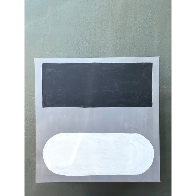 This vintage monumental abstract painting on canvas presents a compelling Mid-Century Modern study in geometric form. A...