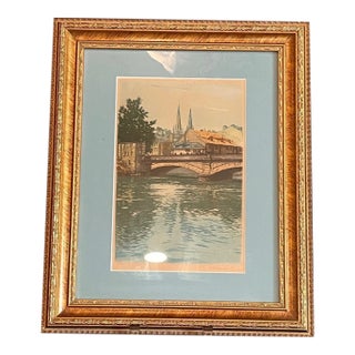 Vintage Italian Color Woodcut Bridge Scene Framed Signed S Marchetti 17x14 For Sale