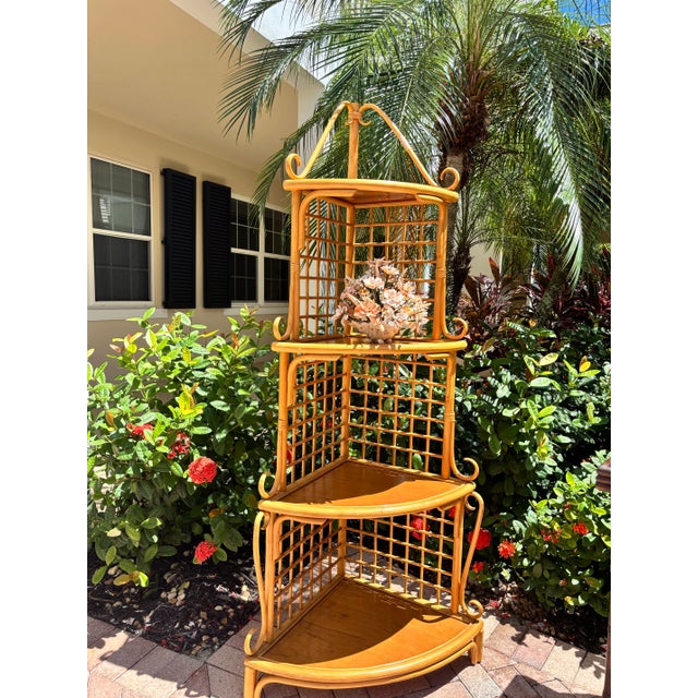 Vivai del Sud Restored Vintage, Midcentury, Rattan-Bamboo Corner E’tagere Shelving. Styled in the Manner of French Designer Vivai Del Sud. For Sale - Image 4 of 7