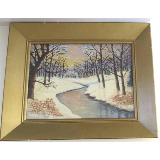 Charming framed painting on artist board. Signed and dated lower left. Measures 17" by 21' overall. Good vintage condition.