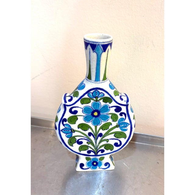 Mid-Century Modern Blue/Green Ceramic Floral Indian Vase For Sale - Image 3 of 4