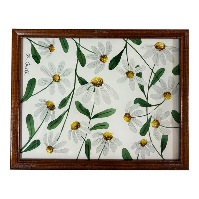 Dancing Daisies – Original Watercolor Painting in Vintage Wood Frame For Sale