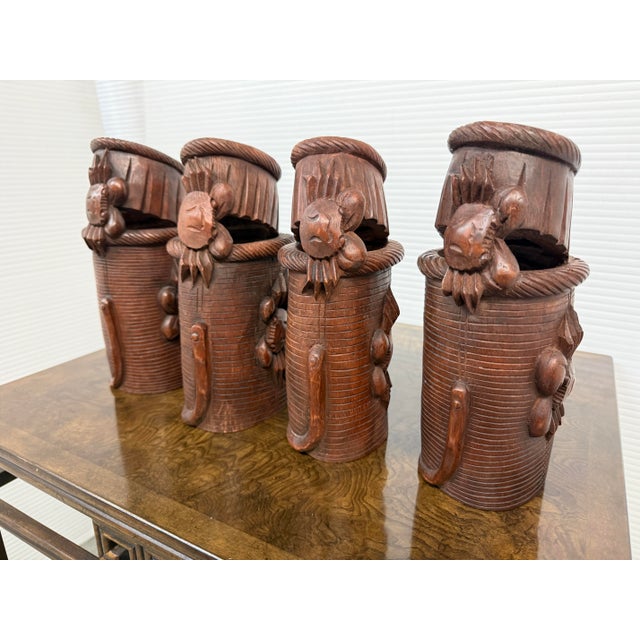 Chinese Chinese Antique Bamboo Hand Carved Basket Crab Decorative Brush Pots, Set of 4 For Sale - Image 3 of 12