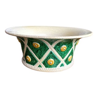 Large Vintage Hand Made Italian Marbleized, Quilted and Studded Ceramic Planter Cache Pot For Sale