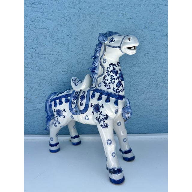 Vintage Blue & White Ceramic Tang Dynasty War Horse For Sale In West Palm - Image 6 of 12