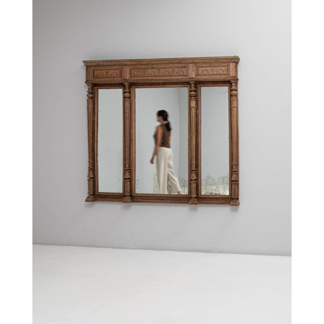 1900-1909 France Warm Golden Oak Carved Oak Triptych Mirror For Sale - Image 9 of 11