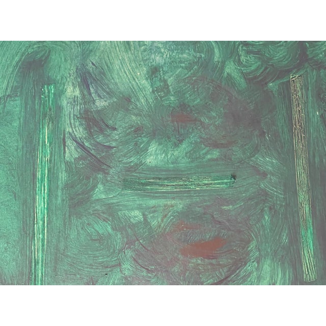Abstract 1970s Abstract Painting on Cardboard -Abstract Face in Phtalo Green For Sale - Image 3 of 4