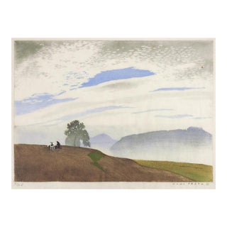 1921 Hans Frank Color Woodcut Farmer in Hillside Landscape For Sale