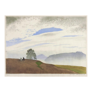 1921 Hans Frank Color Woodcut Farmer in Hillside Landscape