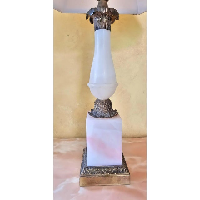 Light Pink Mid-Century Art Deco Pink Alabaster, Marble and Brass Table Lamp With Shade For Sale - Image 8 of 12