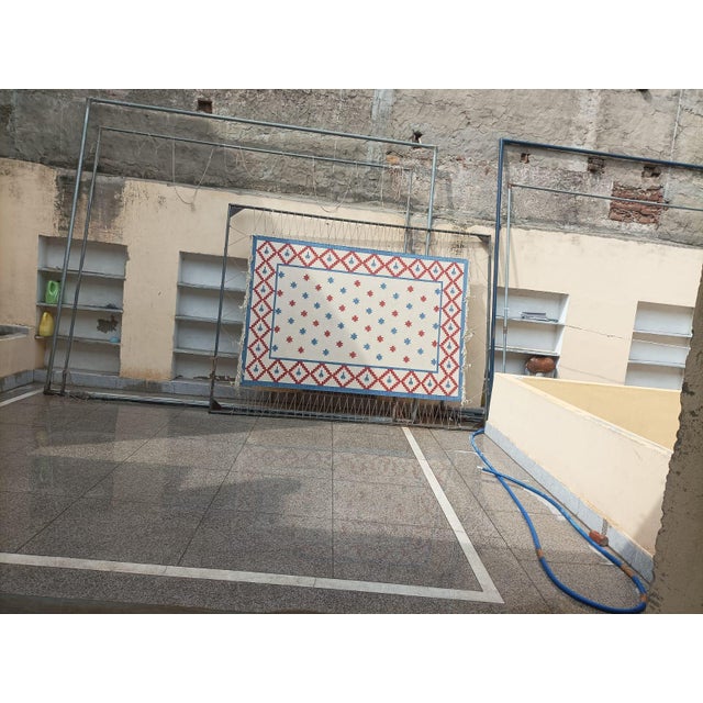 Handwoven Cotton Area Rug Vegetable Dyed Sky Blue, Cream and Terracotta Star Patterned Dhurrie - 6'x9' For Sale - Image 6 of 13