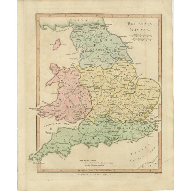 This finely engraved and delicately hand-colored map depicts roman britain, offering a detailed view of the provinces,...