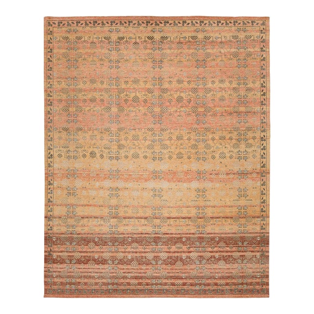Transitional Khotan Patterned Wool Rug in Earthy Terracotta, Gold, and Sage For Sale