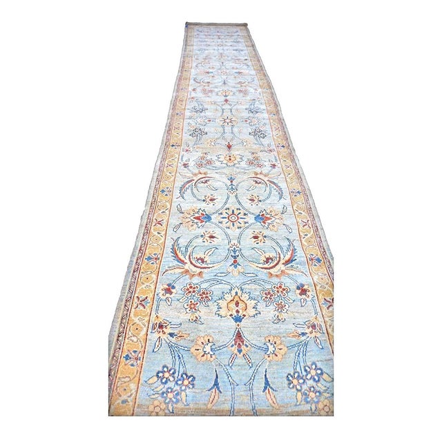 Persian Persian Sultanabad Wool 3x25 Light Blue, Ivory & Gold Handmade Runner Rug #1141320 For Sale - Image 3 of 5