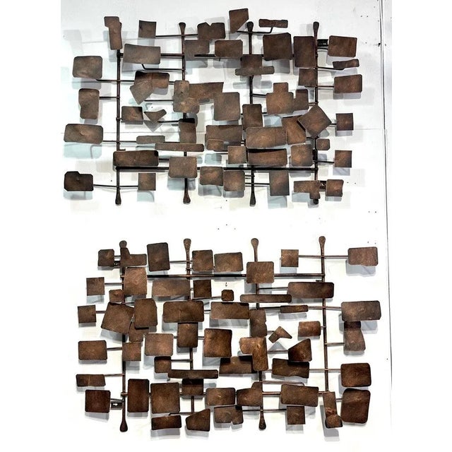 Pair of Bronzed Abstract Wall Sculptures in the Style of Curtis Jere Elevate your interior decor with this striking Pair...